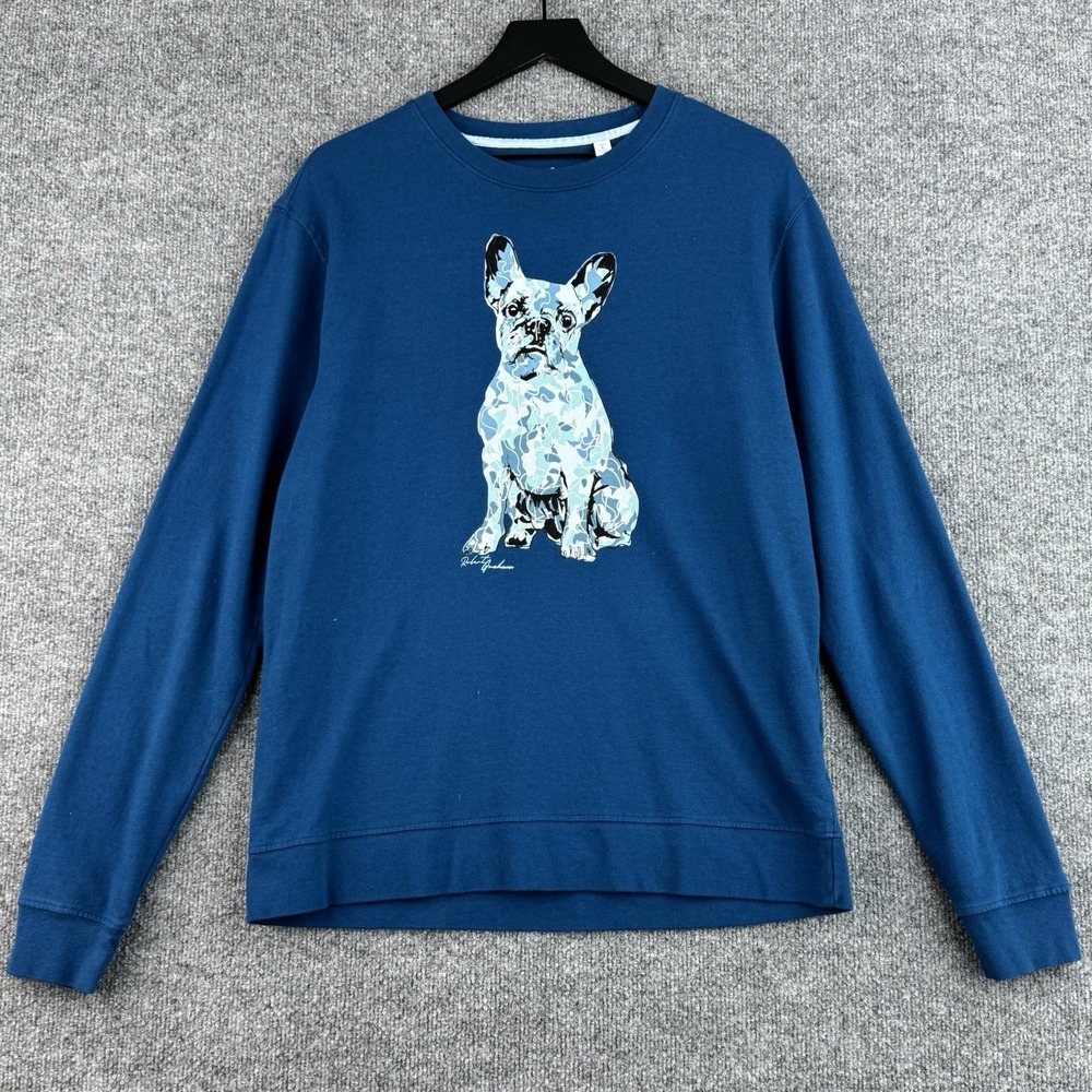 Robert Graham Sweatshirt Mens L Blue French Bulldog Dog Graphic Crewneck Cotton